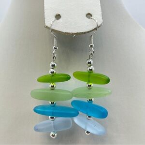 Green Blue Frosted Glass Bead Dangle Earrings Silver Tone Modern Boho